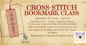 A flyer for a cross-stitch bookmark class at James L. Hamner Public Library, featuring dates, times, and a QR code for required registration.