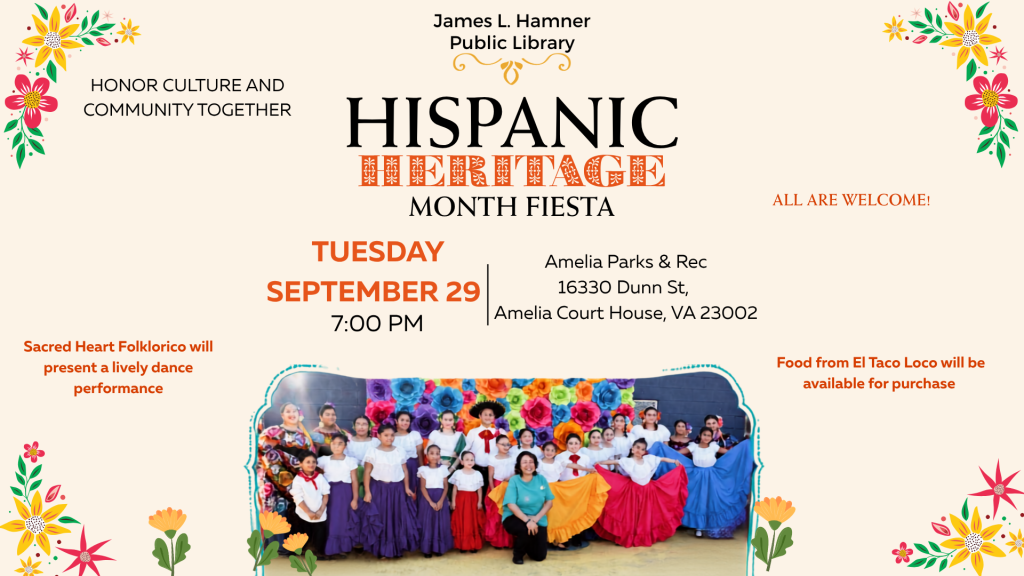 Event flyer for a Hispanic Heritage Month Fiesta at James L. Hamner Public Library on September 29, featuring a group of dancers in colorful skirts.