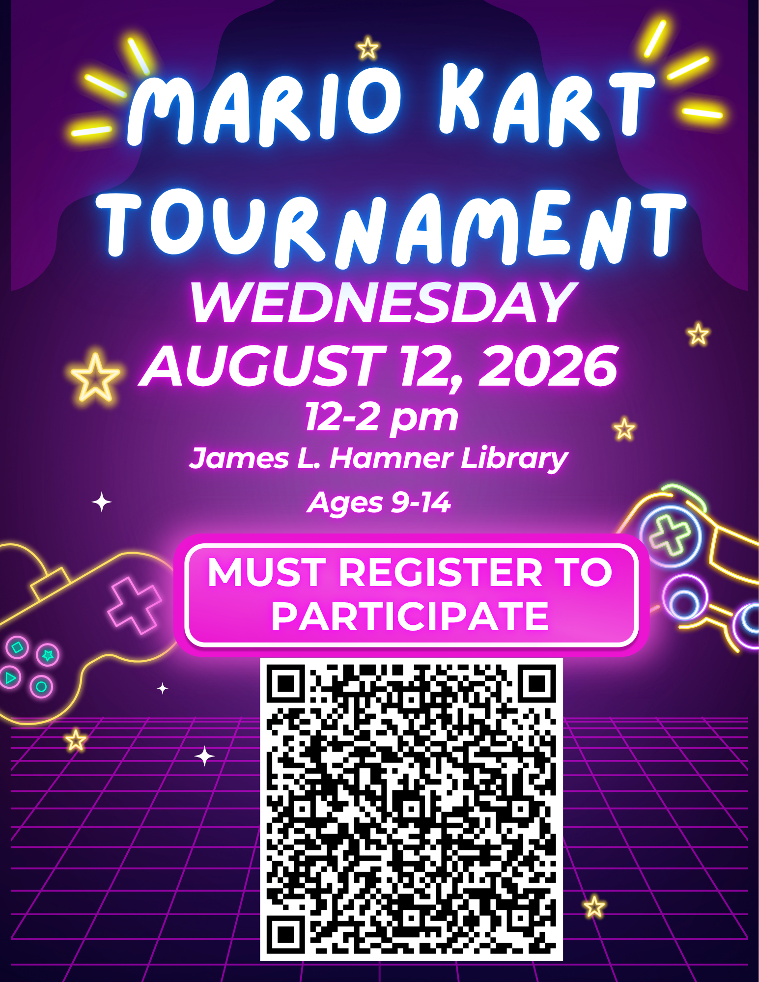 Flyer for a Mario Kart tournament featuring colorful graphics and event details prominently displayed.