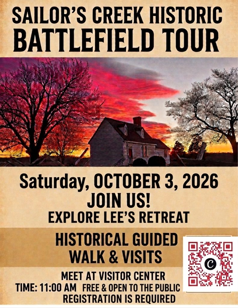 A flyer for a Sailor’s Creek historic battlefield tour on October 3, 2026, featuring a house silhouette against a vibrant red sunset and a QR code.