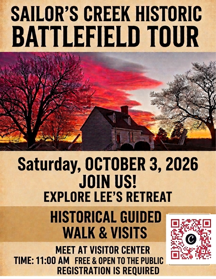 A flyer for a Sailor’s Creek historic battlefield tour on October 3, 2026, featuring a house silhouette against a vibrant red sunset and a QR code.